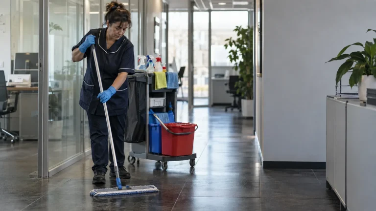Addetta alle pulizie con guanti e carrello lava il pavimento di un ufficio