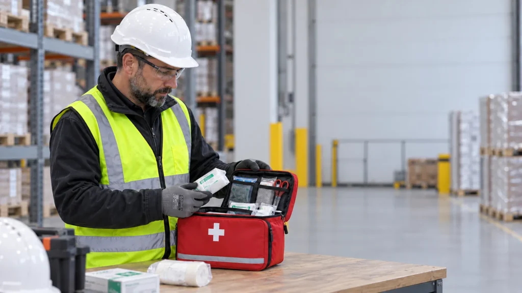 Addetto verifica il contenuto della cassetta di primo soccorso in un magazzino