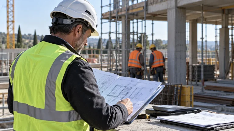 Coordinatore consulta gli elaborati in cantiere mentre la squadra lavora sullo sfondo