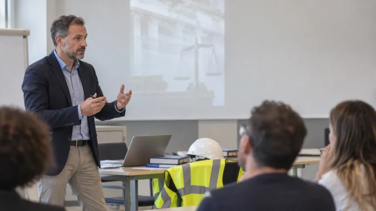 Docente illustra una diapositiva a un gruppo seduto in aula