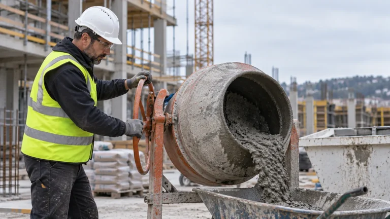 Operaio in cantiere ribalta la betoniera e cola l'impasto nella carriola