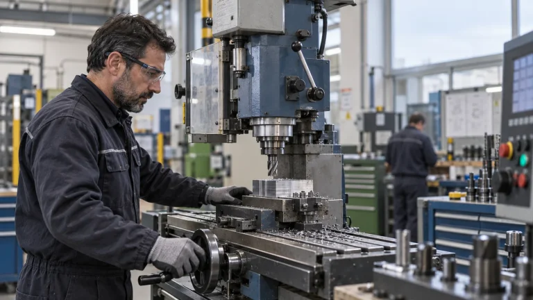 Operatore prepara il pezzo sulla tavola di una fresatrice verticale in officina