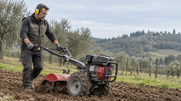 Agricoltore conduce il motocoltivatore su un terreno appena lavorato fra gli olivi