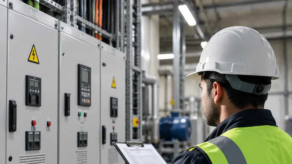 Tecnico con appunti davanti ai quadri elettrici di una cabina industriale
