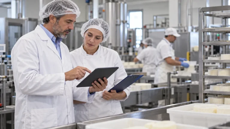 Consulente e responsabile controllano la linea di produzione in un caseificio