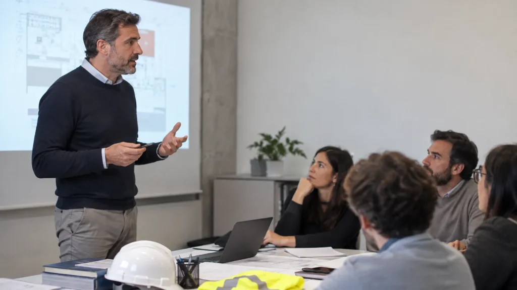 Docente illustra gli elaborati di progetto a un gruppo con elmetto e gilet sul tavolo