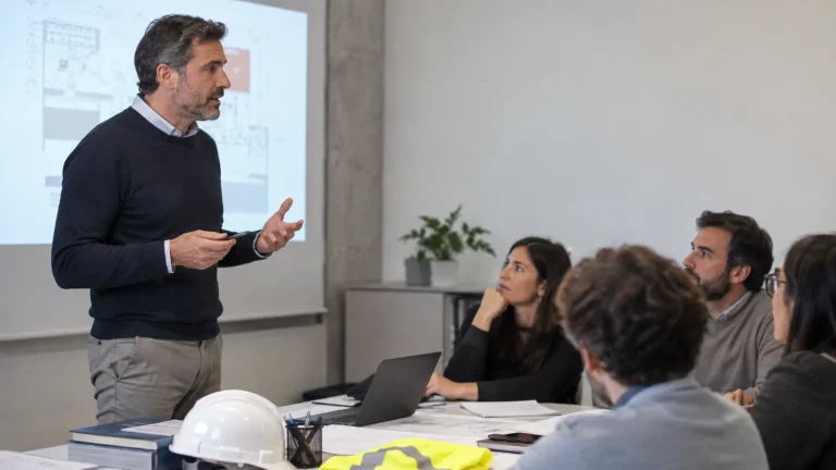 Docente illustra gli elaborati di progetto a un gruppo con elmetto e gilet sul tavolo