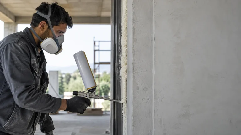 Operatore con maschera a filtro applica schiuma poliuretanica a una parete