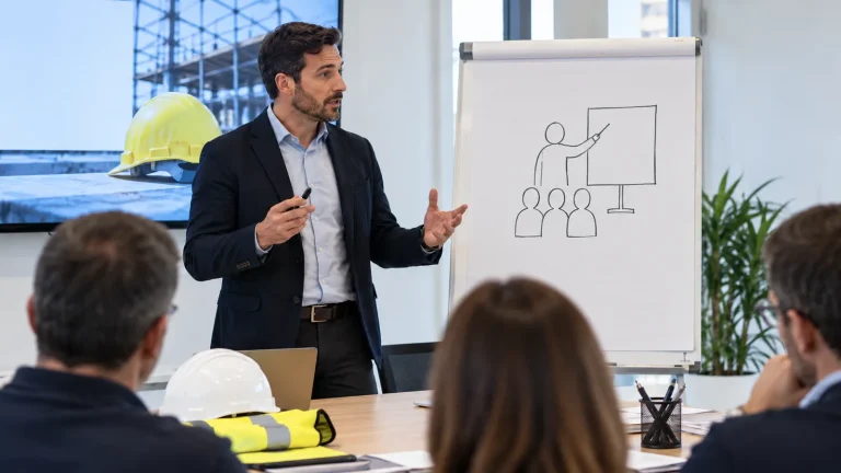 Formatore illustra uno schema alla lavagna a fogli mobili davanti a un gruppo con elmetto e gilet sul tavolo