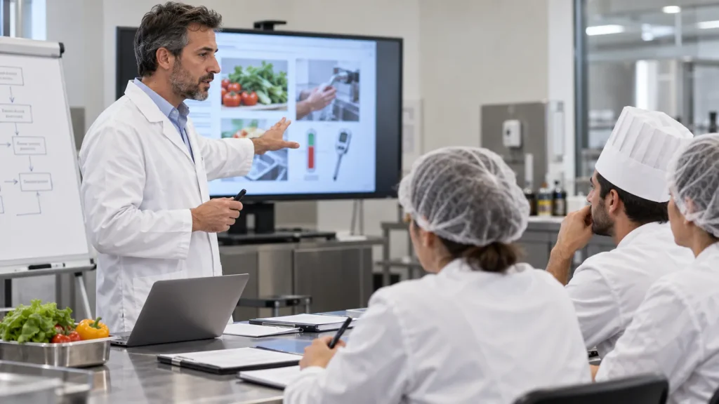 Formatore spiega le procedure di igiene a un gruppo in una cucina di produzione