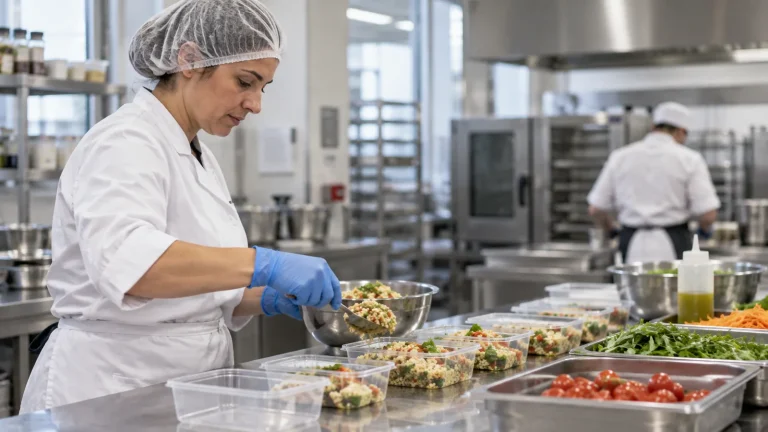 Addetta con cuffia e guanti porziona alimenti al banco di una cucina professionale