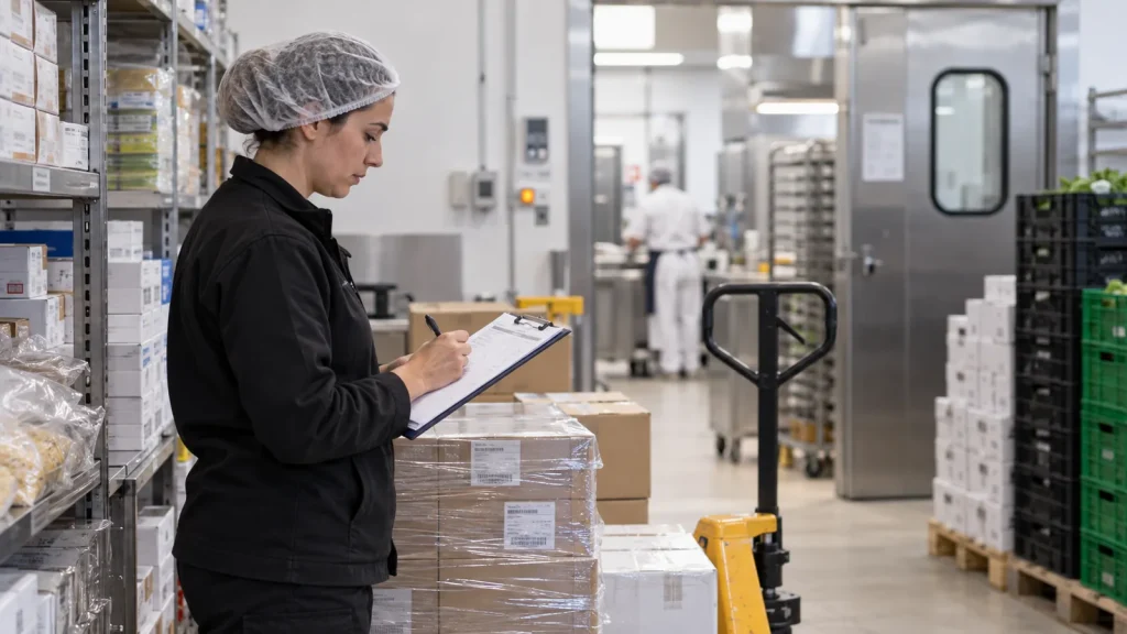 Addetta controlla le scorte nel magazzino di uno stabilimento alimentare
