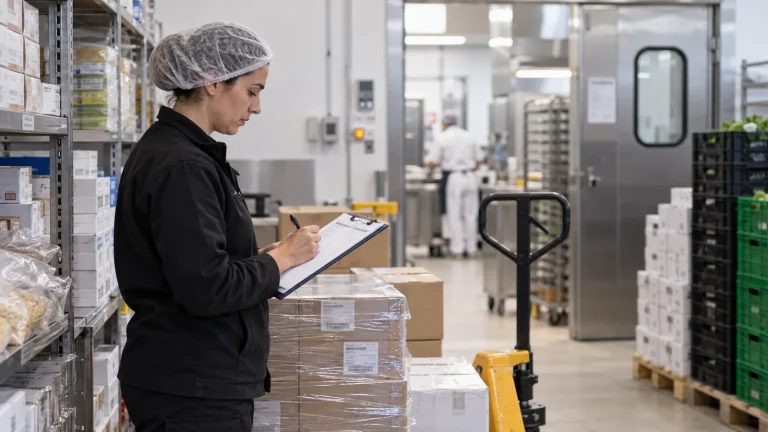 Addetta controlla le scorte nel magazzino di uno stabilimento alimentare