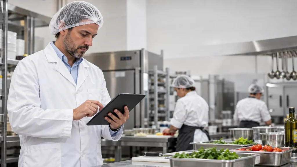 Responsabile con tablet sorveglia la lavorazione in una cucina di produzione