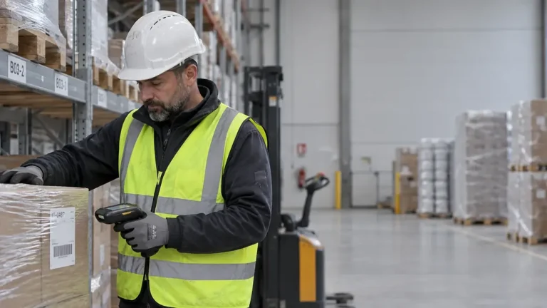 Lavoratori con gilet e caschetto seguono una lezione in un capannone