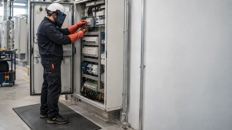 Elettricista con visiera e guanti isolanti interviene su un quadro elettrico aperto