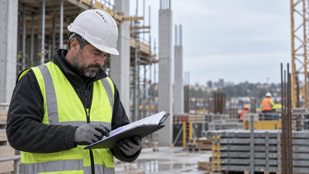Preposto consulta gli elaborati in un cantiere con le armature in opera