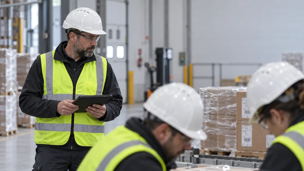 Preposto con il tablet sovrintende a due operai che movimentano pallet in reparto