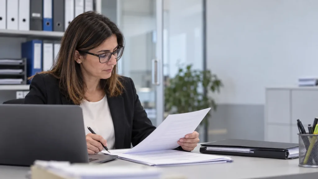 Impiegata rivede documenti alla scrivania in un ufficio