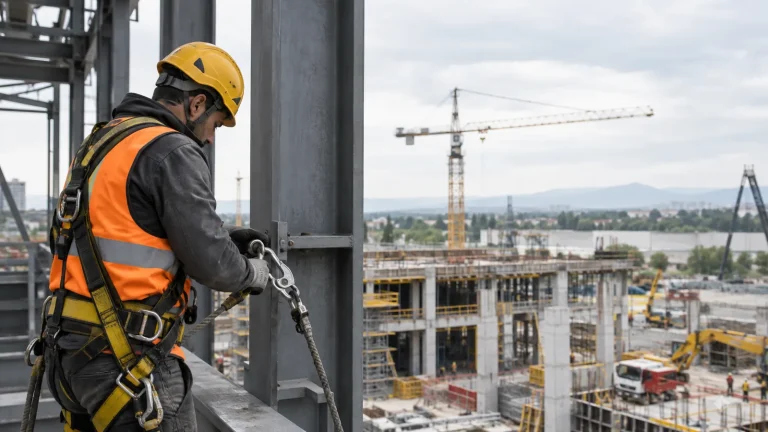 Operaio con imbracatura anticaduta lavora su una trave d'acciaio in cantiere