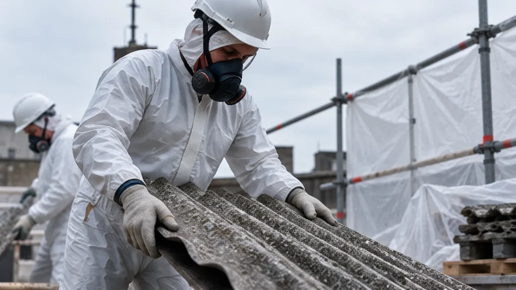 Operatori in tuta e maschera rimuovono lastre di cemento-amianto da una copertura confinata da teli