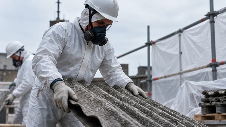 Operatori in tuta e maschera rimuovono lastre di cemento-amianto da una copertura confinata da teli
