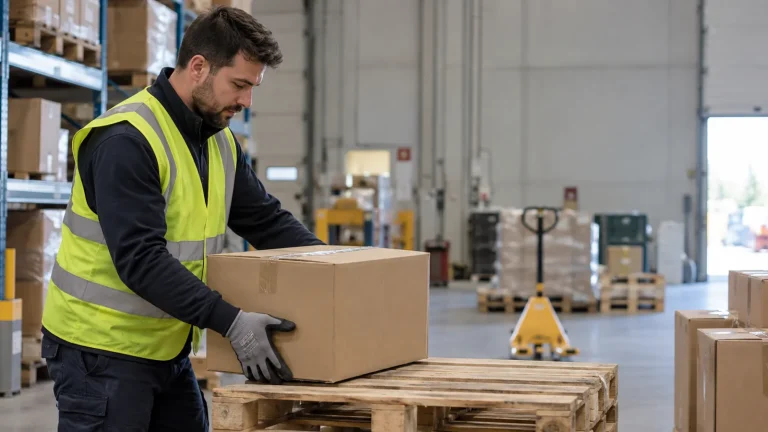 Magazziniere con gilet e guanti solleva una scatola da un pallet