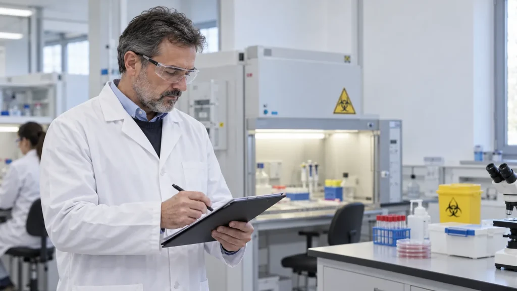 Tecnico annota i controlli davanti a una cappa contrassegnata dal simbolo di rischio biologico
