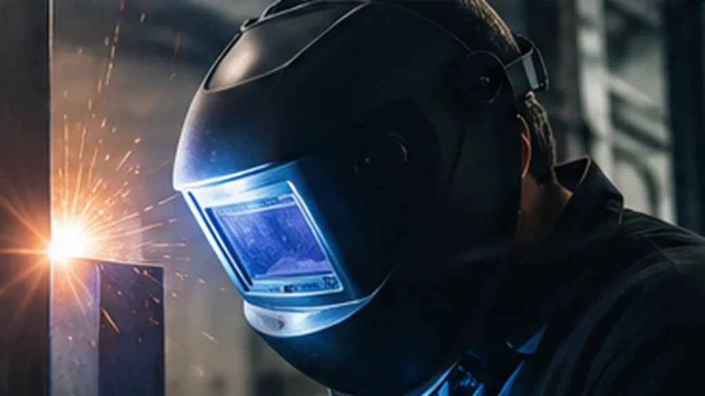 Saldatore con maschera automatica davanti all'arco elettrico