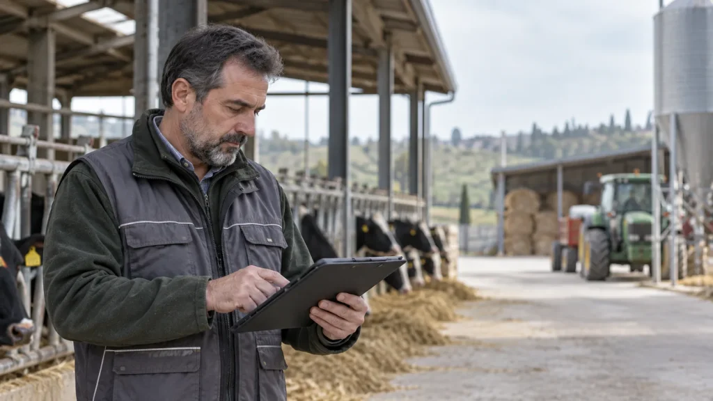 Allevatore con tablet lungo le poste di una stalla