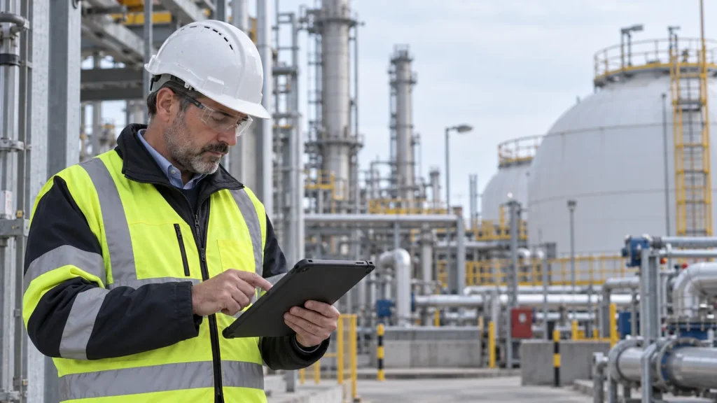 Tecnico con tablet durante un'ispezione in un impianto petrolchimico