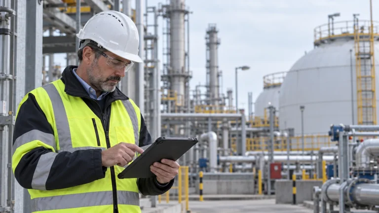 Tecnico con tablet durante un'ispezione in un impianto petrolchimico