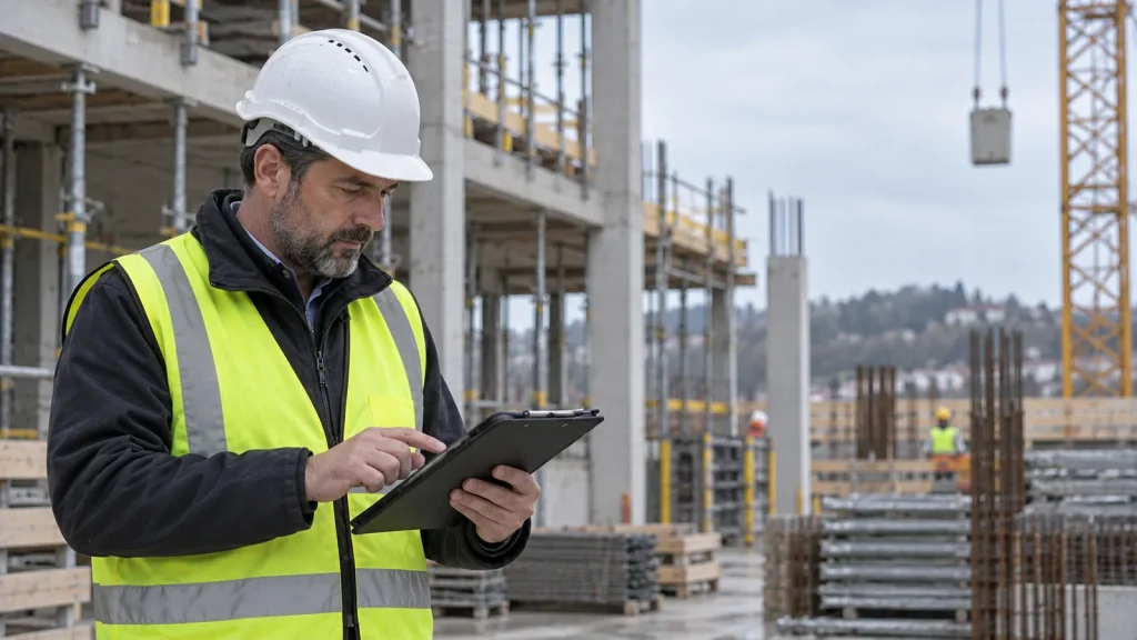 Tecnico con tablet in cantiere accanto a una struttura in costruzione