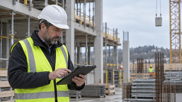 Tecnico con tablet in cantiere accanto a una struttura in costruzione