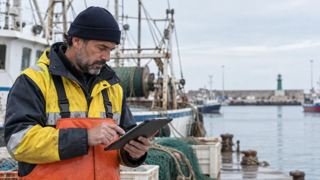 Pescatore con tablet sulla banchina accanto al peschereccio