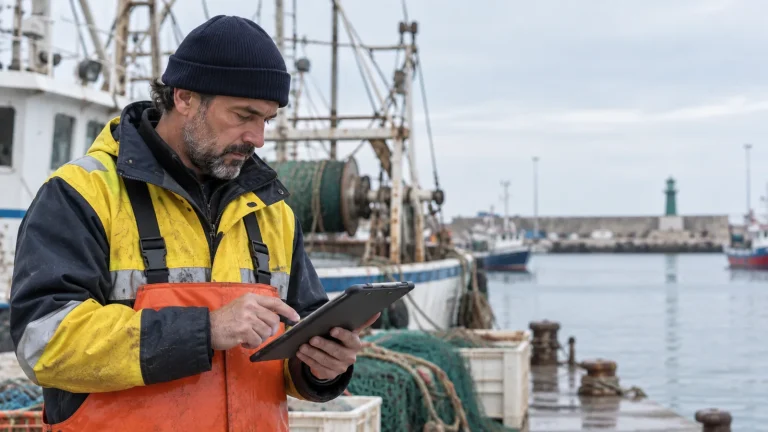 Pescatore con tablet sulla banchina accanto al peschereccio
