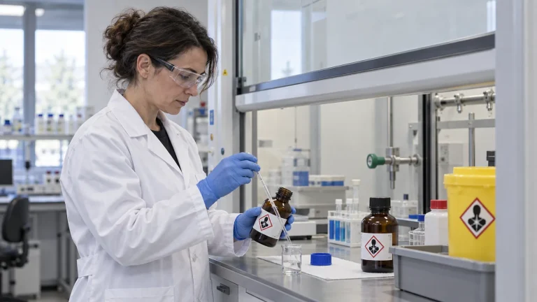 Tecnica di laboratorio preleva un reagente sotto cappa aspirante