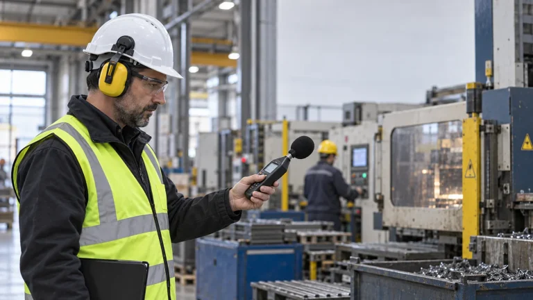 Tecnico con fonometro misura il rumore in un reparto di produzione