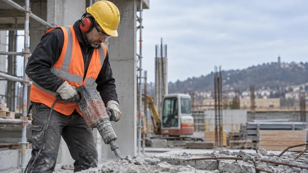Operaio demolisce con il martello pneumatico in cantiere con guanti e otoprotettori