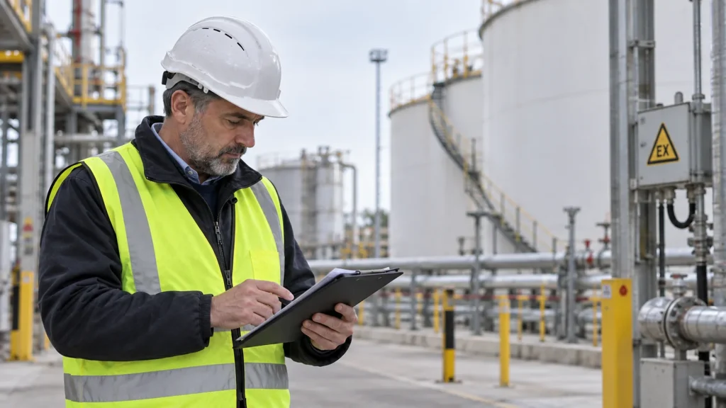 RSPP in sopralluogo compila la check-list davanti ai serbatoi di un impianto