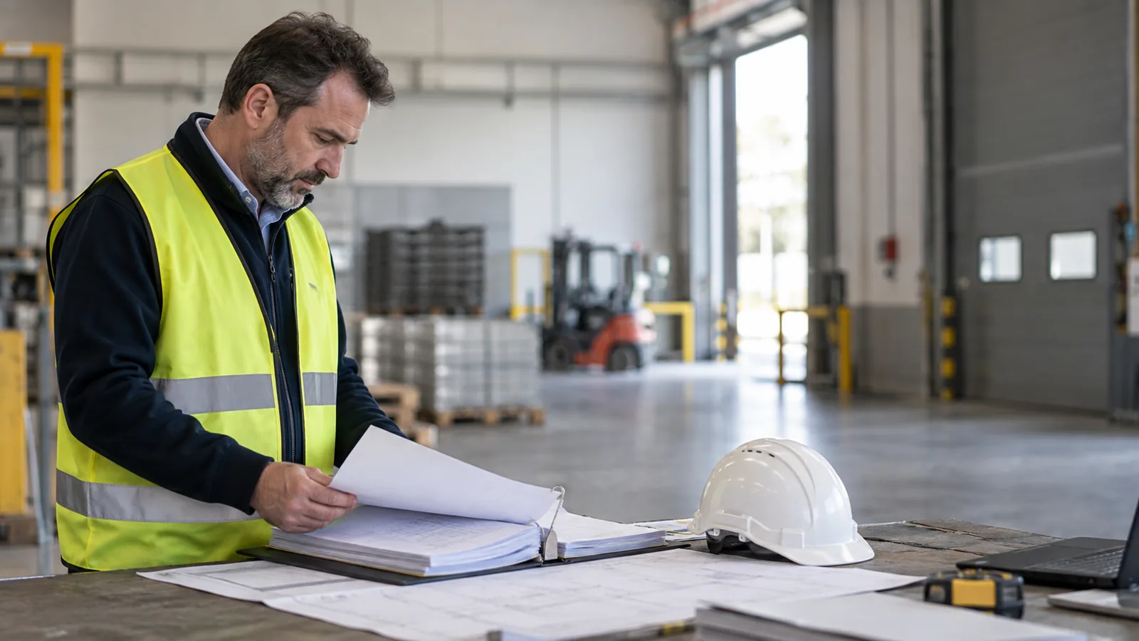 Responsabile con gilet consulta il fascicolo della valutazione dei rischi in magazzino
