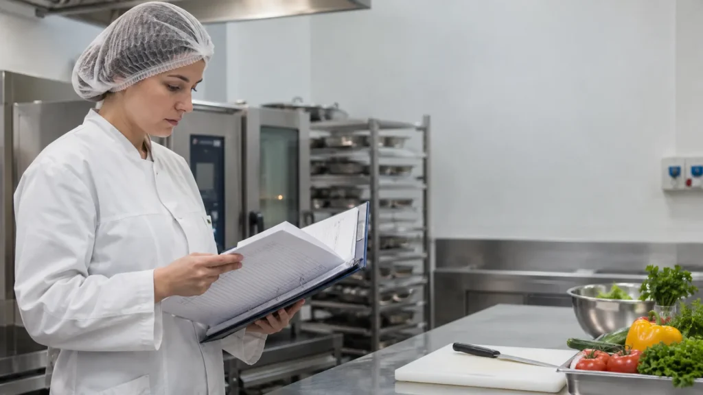 Operatrice con cuffia consulta il manuale di autocontrollo in una cucina professionale
