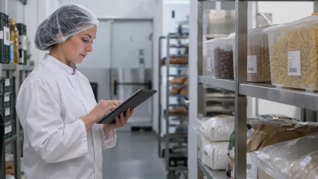 Operatrice con cuffia registra i lotti sul tablet in un magazzino alimentare
