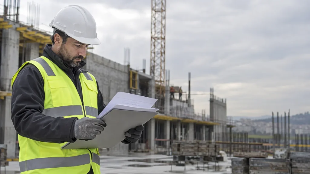 Capocantiere con caschetto legge il piano operativo davanti al cantiere