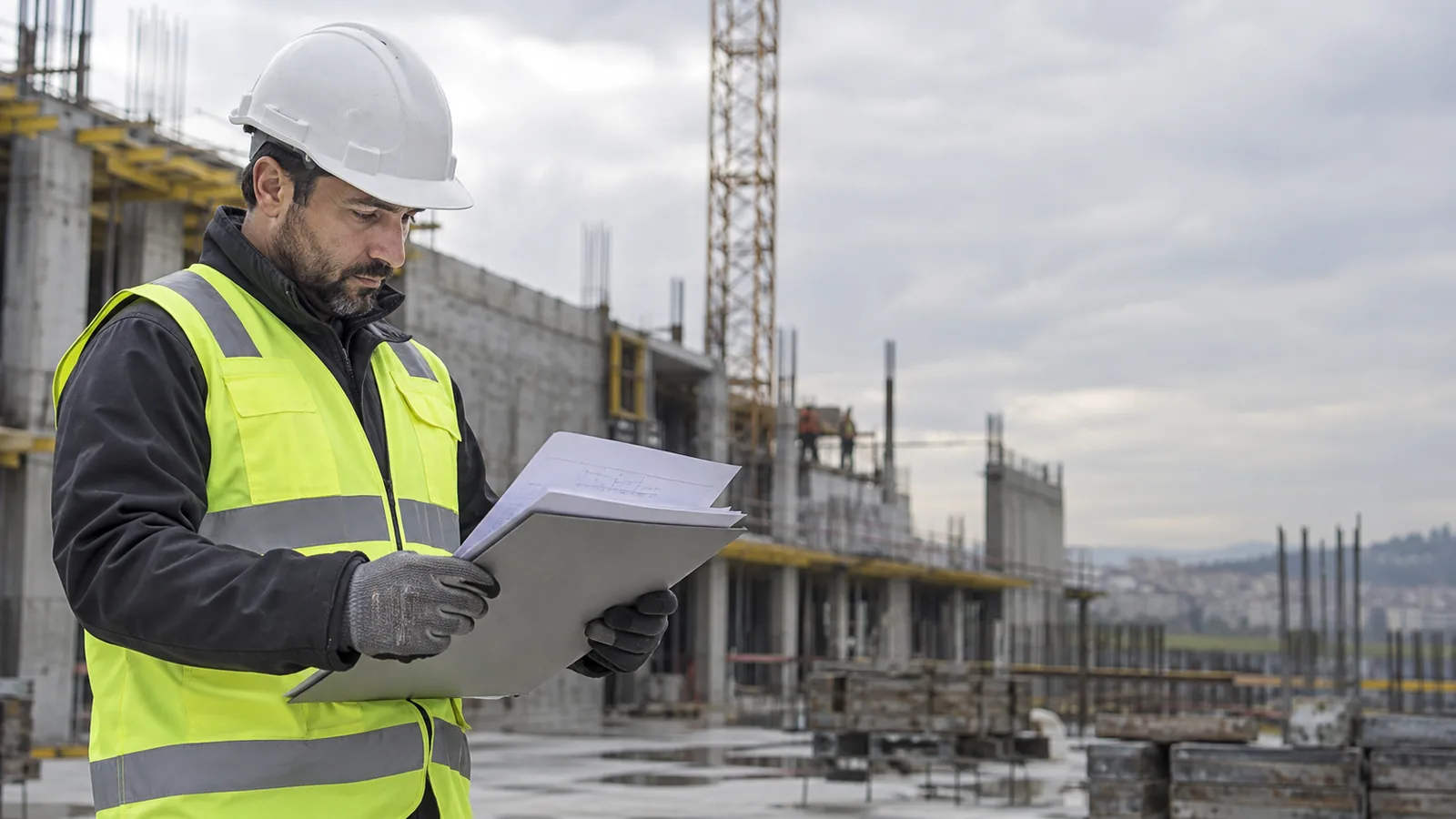 Capocantiere con caschetto legge il piano operativo davanti al cantiere
