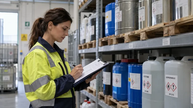 Tecnica con gilet controlla le etichette dei contenitori in un deposito di sostanze chimiche