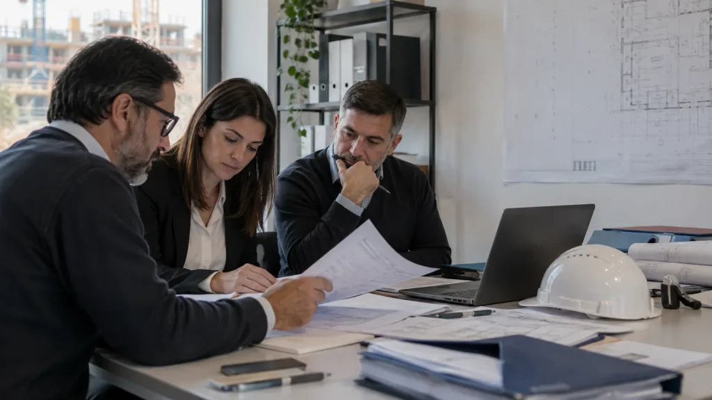 Tre persone esaminano i documenti di cantiere a un tavolo con computer e caschetto