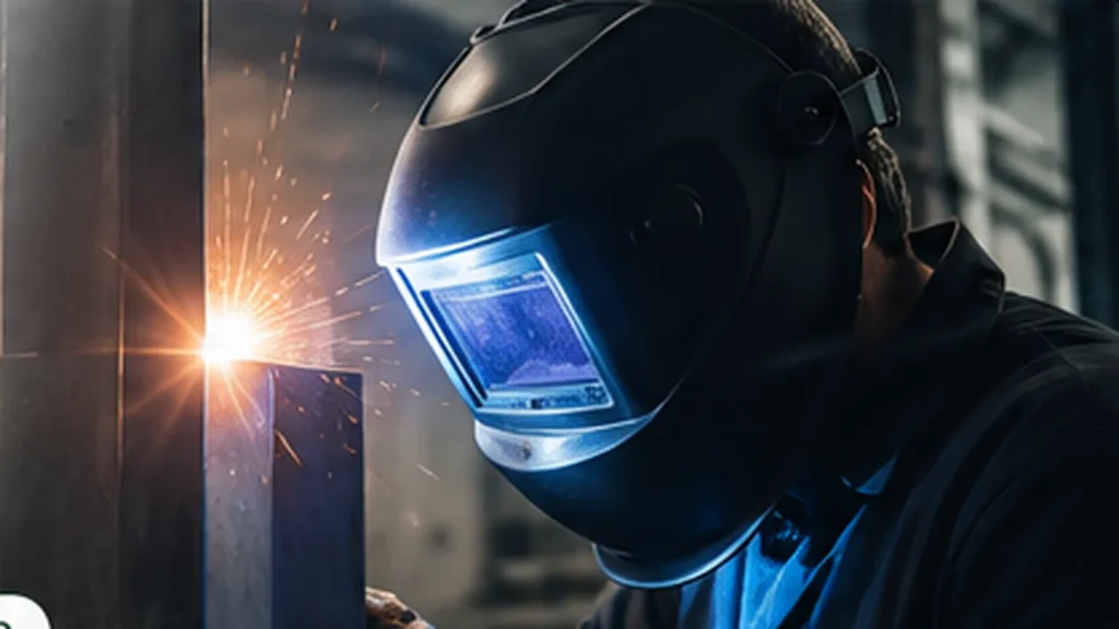 Saldatore con maschera a casco al lavoro, le scintille davanti al visore