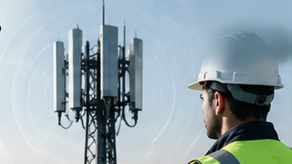 Tecnico con caschetto osserva un traliccio con antenne per telecomunicazioni