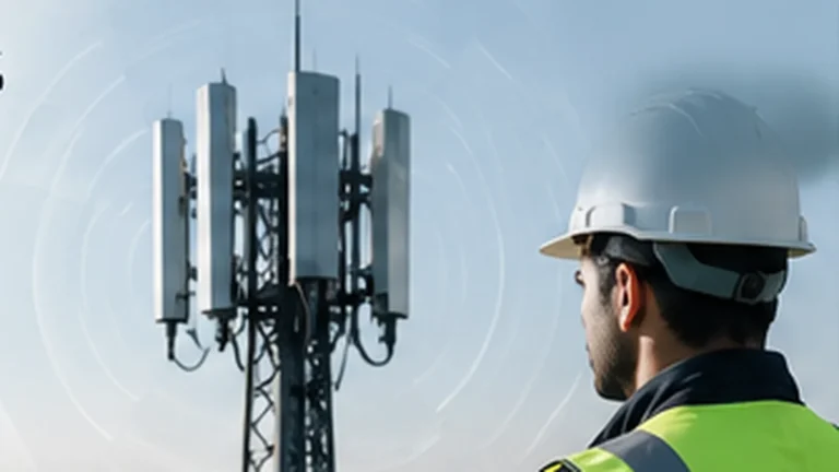 Tecnico con caschetto osserva un traliccio con antenne per telecomunicazioni
